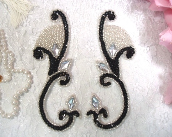 Black Jeweled Mirror Pair  6" Sequin Beaded Appliques  0034