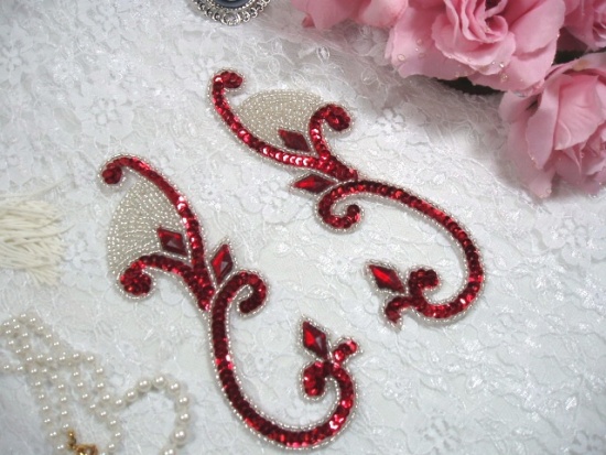 Red Silver Jeweled Mirror Pair  6" Sequin Beaded Appliques  0034
