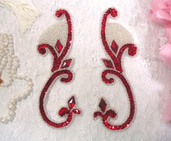 Red Silver Jeweled Mirror Pair  6" Sequin Beaded Appliques  0034