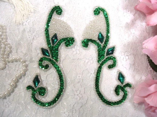 Kelly Green Jeweled Mirror Pair  6" Sequin Beaded Appliques  0034