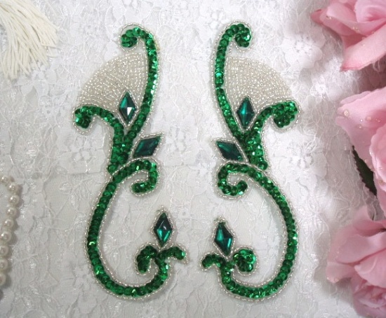 Kelly Green Jeweled Mirror Pair  6" Sequin Beaded Appliques  0034