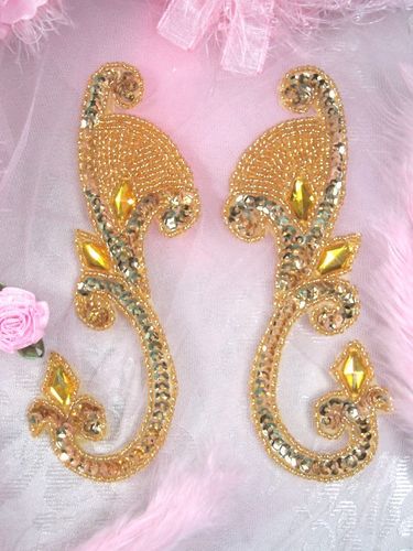 0034 Gold Jeweled Mirror Pair Sequin Beaded Appliques 6"