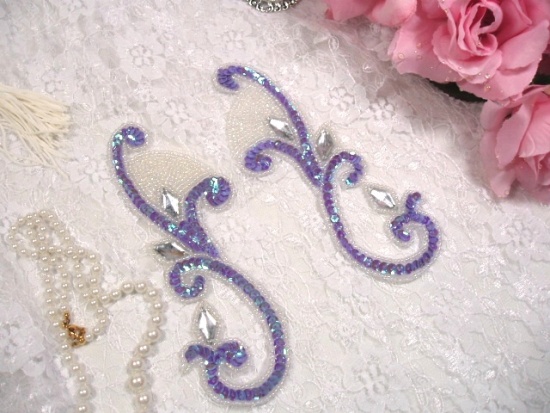 Lavender Iris Jeweled Mirror Pair  6" Sequin Beaded Appliques  0034