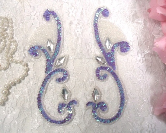 Lavender Iris Jeweled Mirror Pair  6" Sequin Beaded Appliques  0034