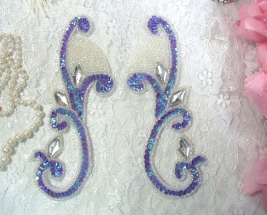 Lavender Iris Jeweled Mirror Pair  6" Sequin Beaded Appliques  0034