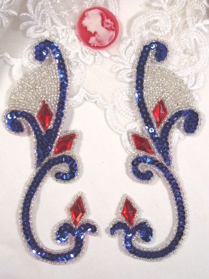 0034 Patriotic Jeweled Mirror Pair Sequin Beaded Appliques 6"