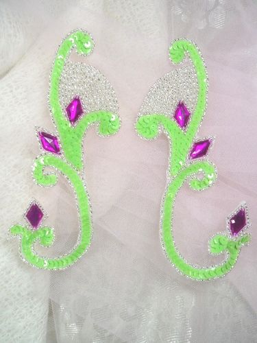 0034 Lime Green Jeweled Mirror Pair Sequin Beaded Appliques 6"