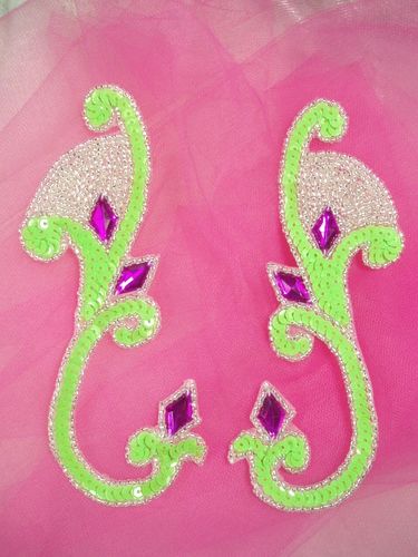 0034 Lime Green Jeweled Mirror Pair Sequin Beaded Appliques 6"