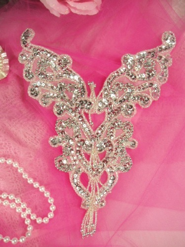 0035 Silver Heart Bodice Yoke Sequin Beaded Applique 8"