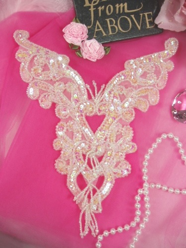 0035 Crystal AB Heart Bodice Yoke Sequin Beaded Applique 8"