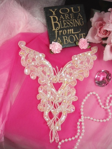 0035 Crystal AB Heart Bodice Yoke Sequin Beaded Applique 8"