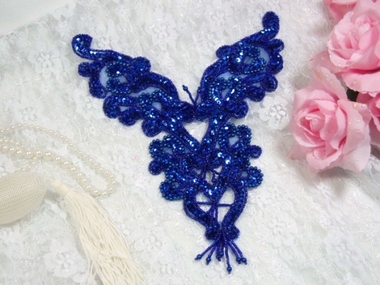 0035 Royal Blue Heart Bodice Yoke 8" Sequin Beaded Applique
