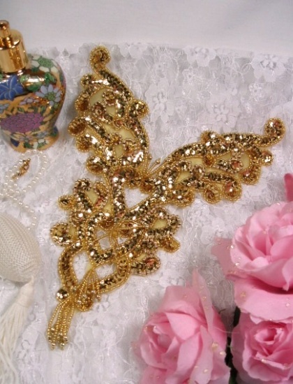 0035 Gold Heart Bodice Yoke 8" Sequin Beaded Applique