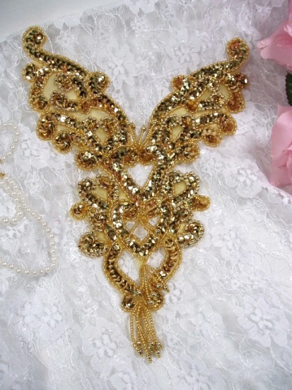0035 Gold Heart Bodice Yoke 8" Sequin Beaded Applique
