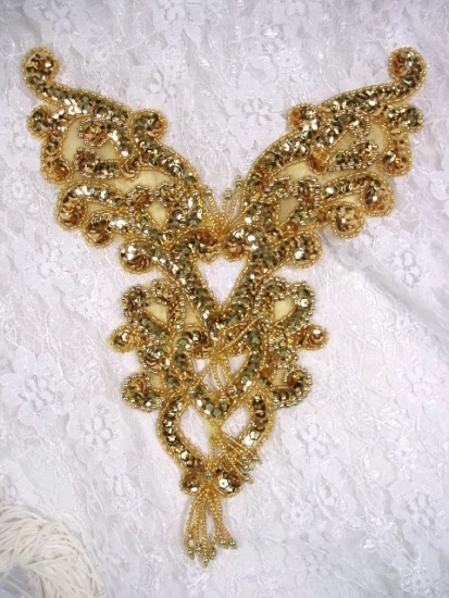 0035 Gold Heart Bodice Yoke 8" Sequin Beaded Applique
