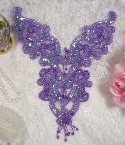 0035 Lavender Iris Heart Bodice Yoke 8" Sequin Beaded Applique