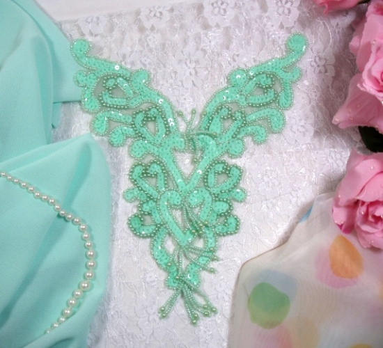 0035 Mint Green Heart Bodice Yoke 8" Sequin Beaded Applique