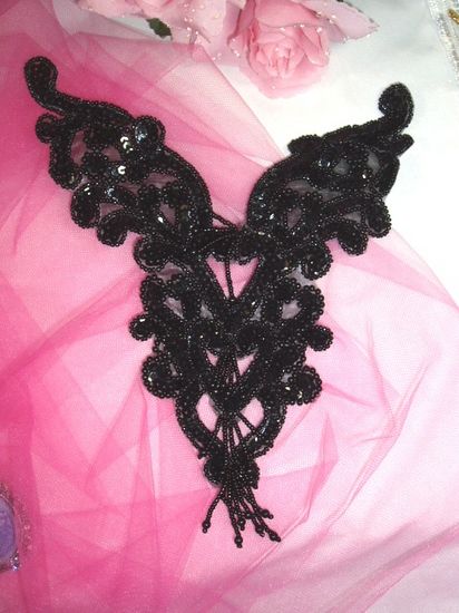 0035 Black Heart Bodice Yoke Sequin Beaded Applique 8"
