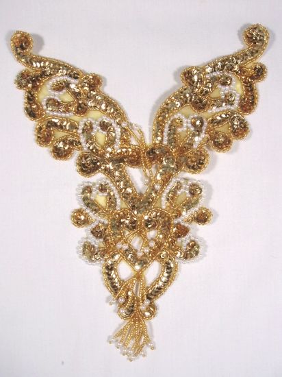 0035 Gold and Pearl Heart Bodice Yoke 8" Sequin Beaded Applique
