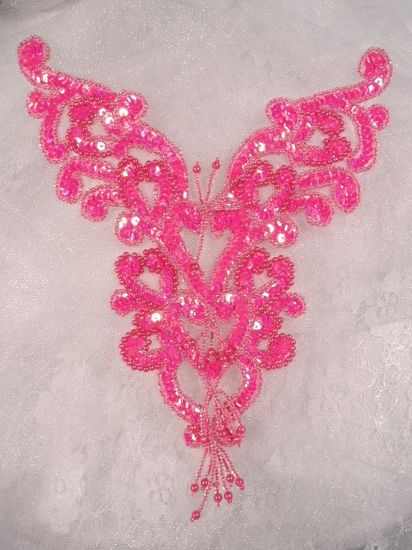 0035 Neon Hot Pink Heart Bodice Yoke 8" Sequin Beaded Applique