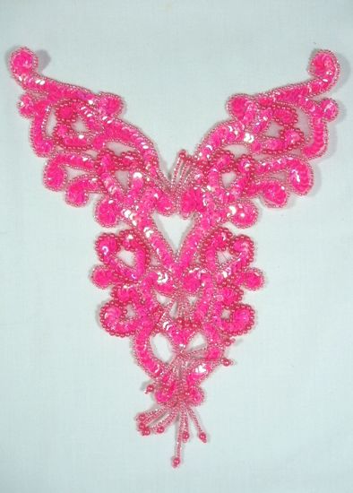 0035 Neon Hot Pink Heart Bodice Yoke 8" Sequin Beaded Applique
