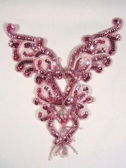 0035 Mauve and Pearl Heart Bodice Yoke 8" Sequin Beaded Applique