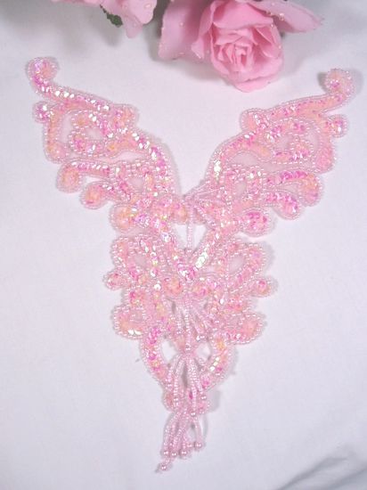 0035 Pink Crystal AB Heart Bodice Yoke 8" Sequin Beaded Applique