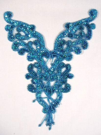 0035 Turquoise Holographic Heart Bodice Yoke 8" Sequin Beaded Applique