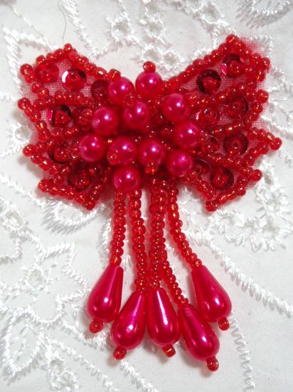 0036  Red Bow Sequin Beaded Applique 2.5"