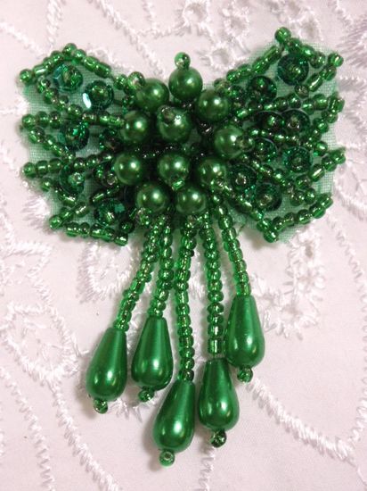 0036  Green Bow Sequin Beaded Applique 2.5"