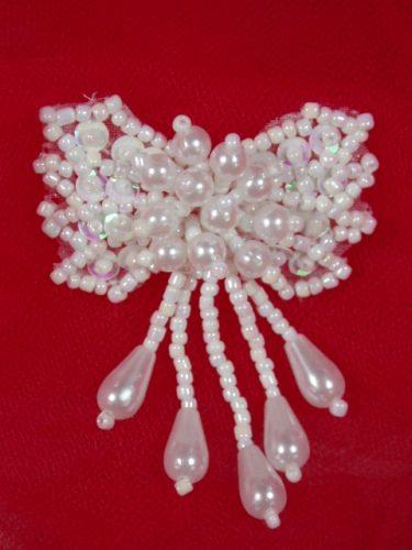 0036  White AB Bow Sequin Beaded Applique 2.5"