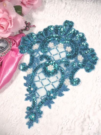 0042  Turquoise Victorian Elegance Sequin Beaded Applique 10"