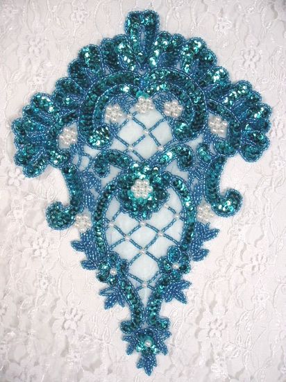 0042  Turquoise Victorian Elegance Sequin Beaded Applique 10"