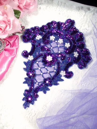 0042  Purple Victorian Elegance Sequin Beaded Applique 10"