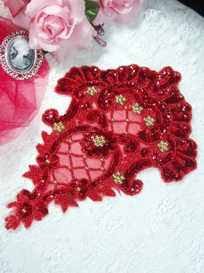 0042  Red Victorian Elegance Sequin Beaded Applique 10"