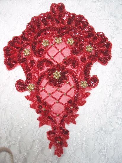 0042  Red Victorian Elegance Sequin Beaded Applique 10"