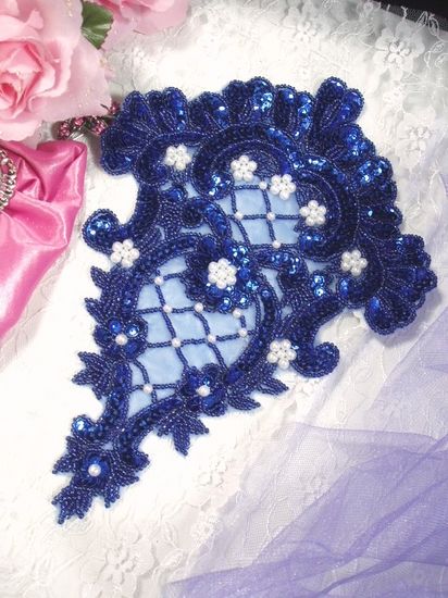0042  Royal Blue Victorian Elegance Sequin Beaded Applique 10"