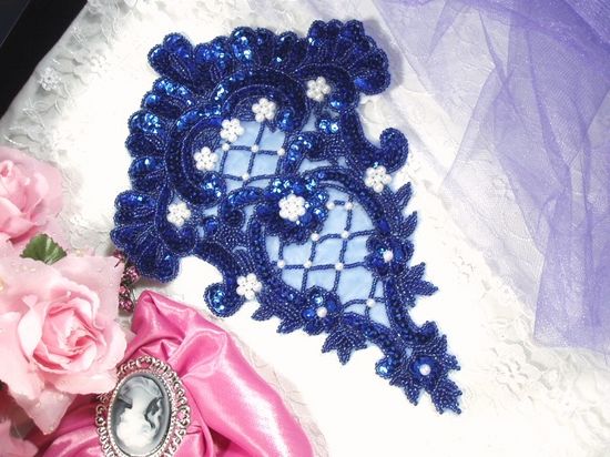 0042  Royal Blue Victorian Elegance Sequin Beaded Applique 10"