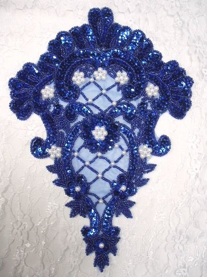 0042  Royal Blue Victorian Elegance Sequin Beaded Applique 10"