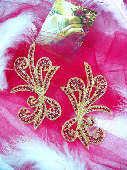 0042A Red/Gold Rhinestone Mirror Pair Beaded Appliques