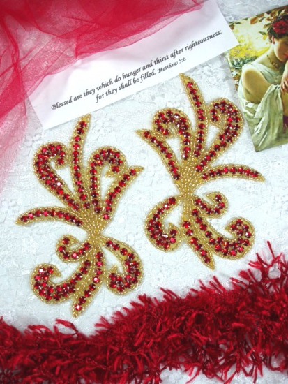 0042A Red/Gold Rhinestone Mirror Pair Beaded Appliques