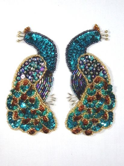 0046  Peacock Mirror Pair Beaded Sequin Appliques 4.75"