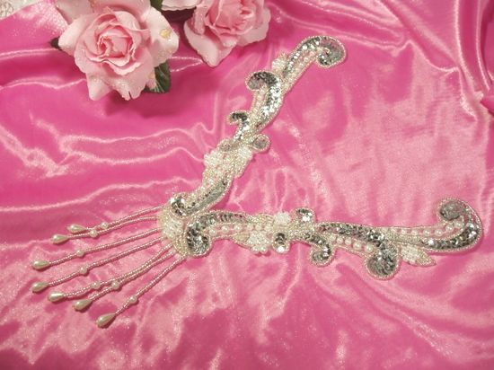 0049B Silver Pearl Collar Yoke Beaded Sequin  Appliques 11"