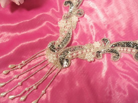 0049B Silver Pearl Collar Yoke Beaded Sequin  Appliques 11"