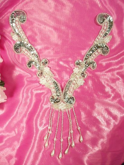 0049B Silver Pearl Collar Yoke Beaded Sequin  Appliques 11"