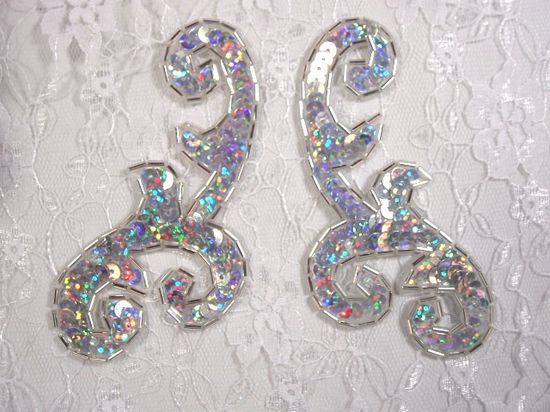 0050 Silver Holographic Mirror Pair Sequin Beaded Appliques 4"