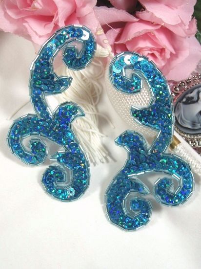 0050 Turquoise Holographic Mirror Pair Sequin Beaded Appliques 4"