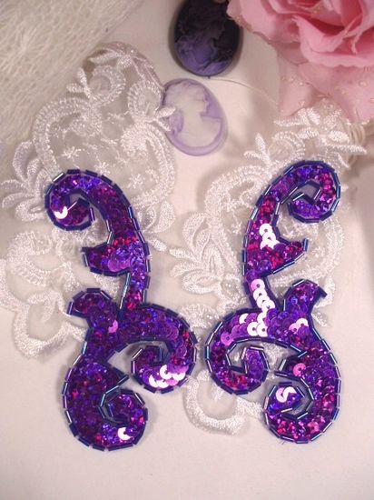 0050 Purple Holographic Mirror Pair Sequin Beaded Appliques 4"