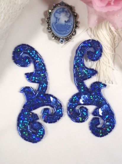 0050 Blue Holographic Mirror Pair Sequin Beaded Appliques 4"