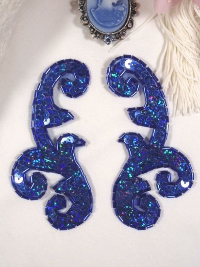 0050 Blue Holographic Mirror Pair Sequin Beaded Appliques 4"
